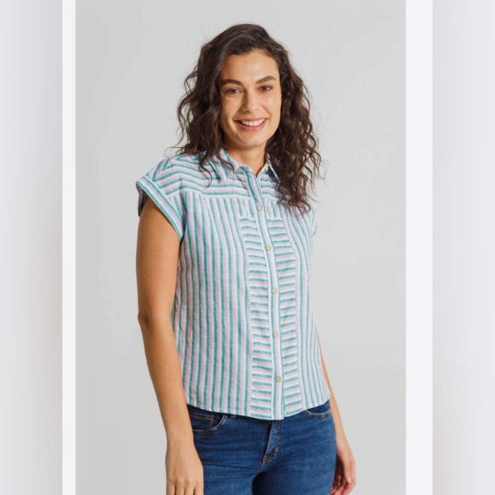 Esprit Green and White Striped Button-Down Shirt